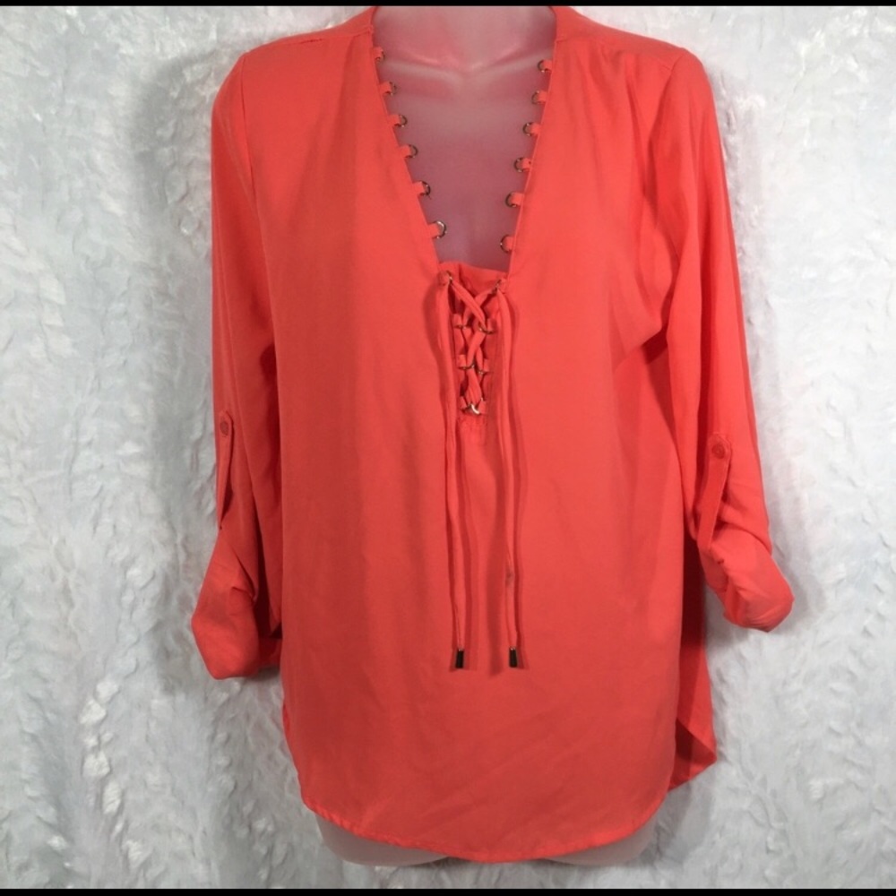 Orange coral lace front v-neck blouse boutique M